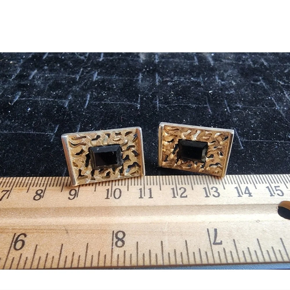 Vintage Cufflink Set Gold Tiger Caged Black Glass Gem Used